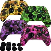MXRC Silicone Rubber Cover Skin case Anti-Slip Water Transfer Customize Camouflage for Xbox One/S/X Controller x 4(Orange & Green & Pink & Purple) + FPS PRO Extra Height Thumb Grips x 8