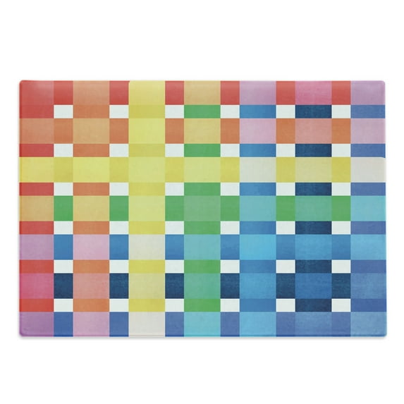 Checkered Cutting Board, Rainbow Colors Contiguous Big and Small Squares in Watercolor Style Geometrical, Decorative Tempered Glass Cutting and Serving Board, Large Size, Multicolor, by Ambesonne