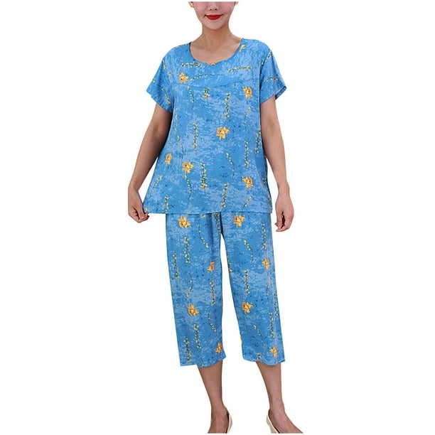 Juegos de Dos Piezas para las Mujeres de Verano Casual Manga Corta Cuello Redondo Pijamas Y Pantalones Cortos, Pijamas de Verano para las Mujeres