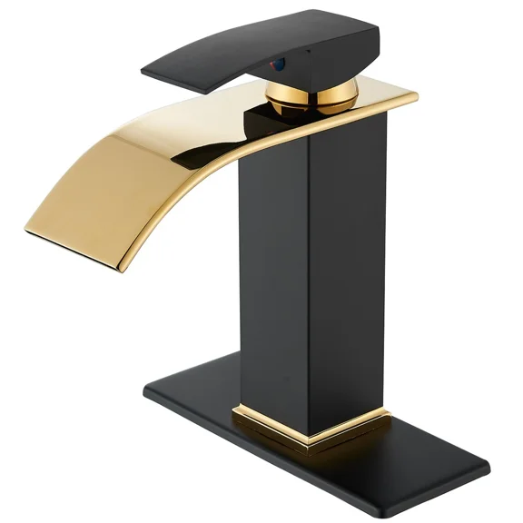 Bathroom Faucets Black&Gold Waterfall Bathroom Sink Faucet Modern Single Handle Bathroom Faucet for 1 or 3 Hole Mxier Tap Washbasin Faucet with Deck, Pop-up Drain and Supply Hoses