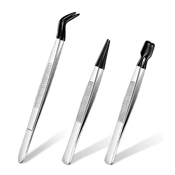 Vruelia 3 Pieces Tweezers with Rubber Tips Coated Set, Straight and Flat Tip Black