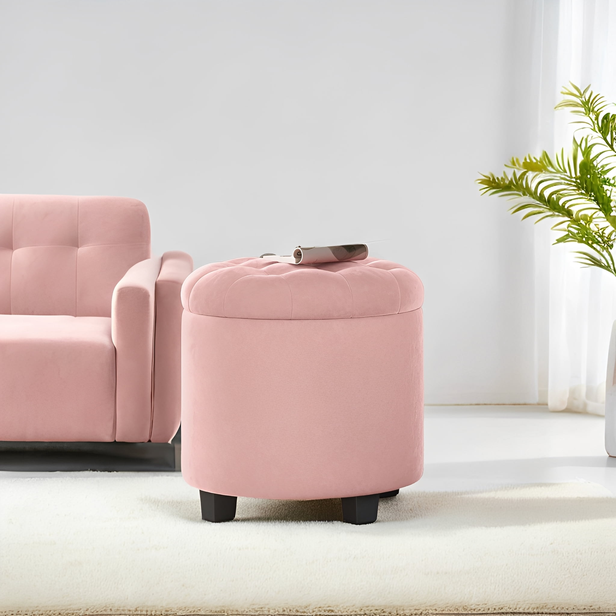 LEDREM Round Velvet Storage Ottoman - 17.7" Foot Rest Stool with Hidden Compartment, 330lb Capacity, for Living Room, Bedroom, Dorm, Jelly Pink