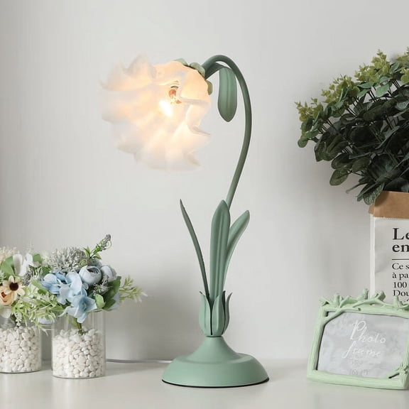 Loyalheartdy Retro Flower Shaped Table Lamp Dimmable Stained Glass Bedside Lamp for Bedroom (Green)