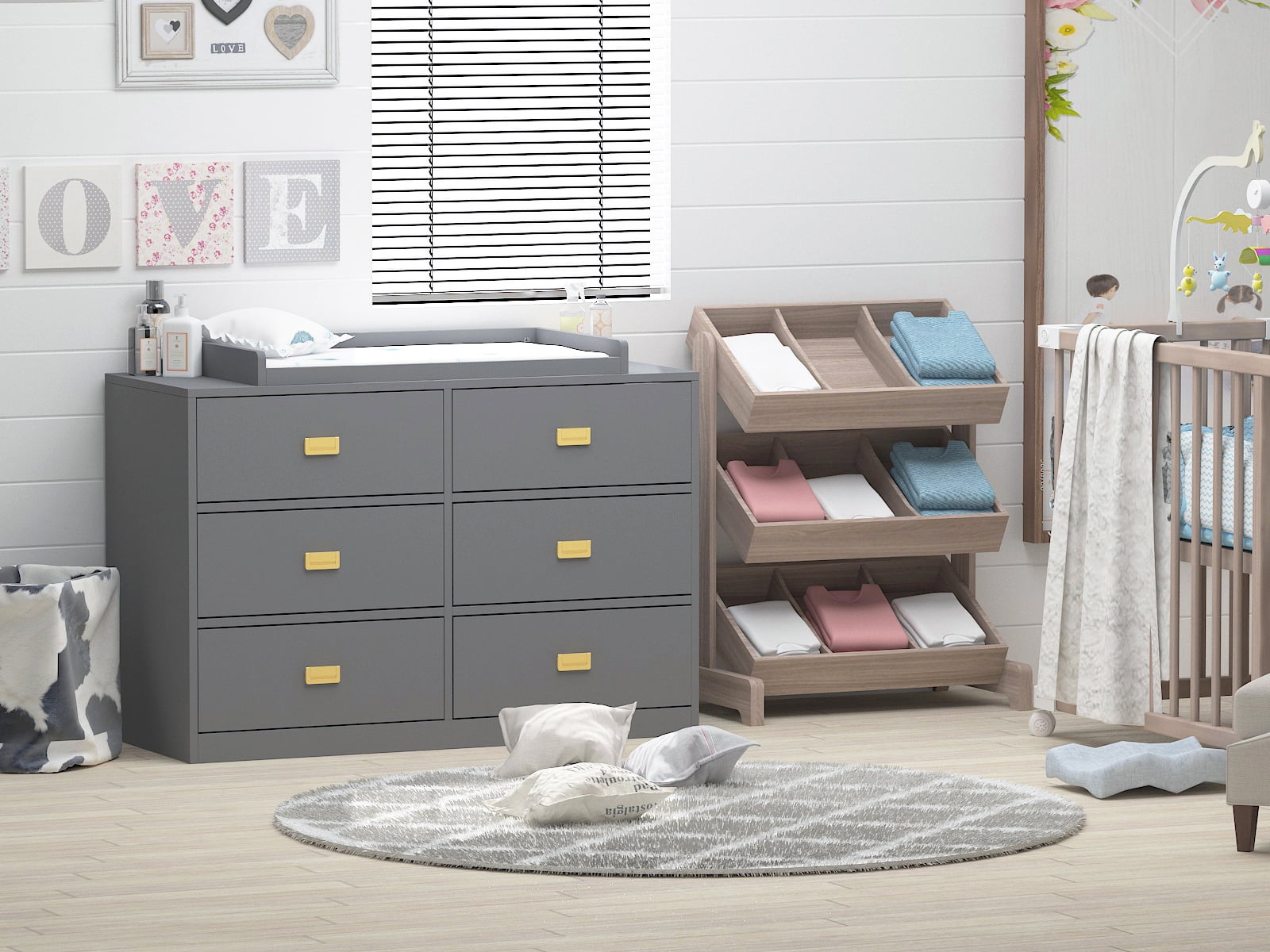 MONSLIPA 6 Drawer Double Dresser, Wooden Nursery Dresser Chest with Changing Table Top, Gray