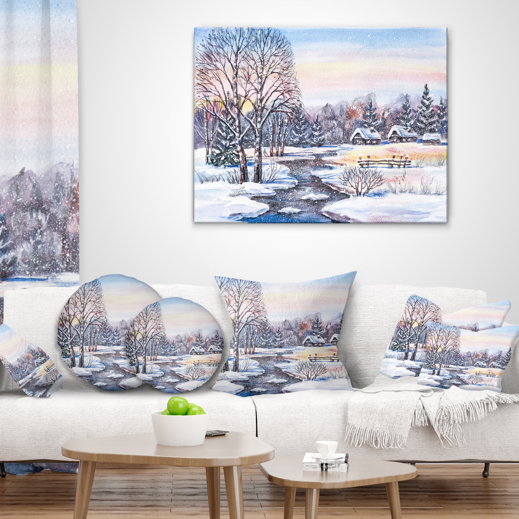 Designart Russian Winter Village - Landscape Photography Throw Pillow - 16x16