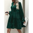 thumbnail image 4 of Women'S Elegant Velvet Long Sleeve Dress Casual Fall V Neck A Line Babydoll Flowy Formal Wedding Party Mini Dress Dark Green L, 4 of 8