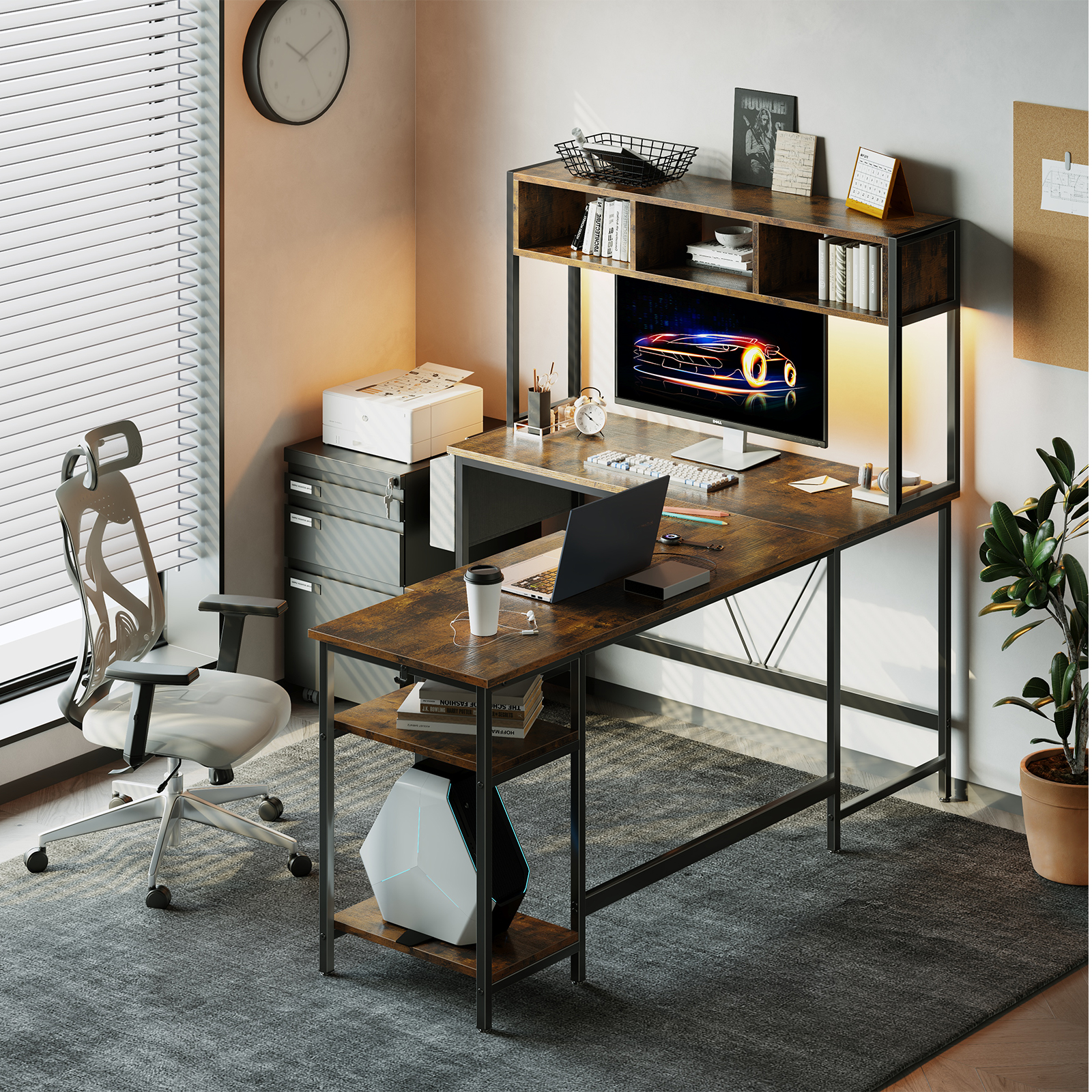 CONCETTA 67" Modern L-Shaped Gaming Desk with LED Lights and Power Outlets, Computer Desk with Drawer, Keyboard Tray for Monitors, Black