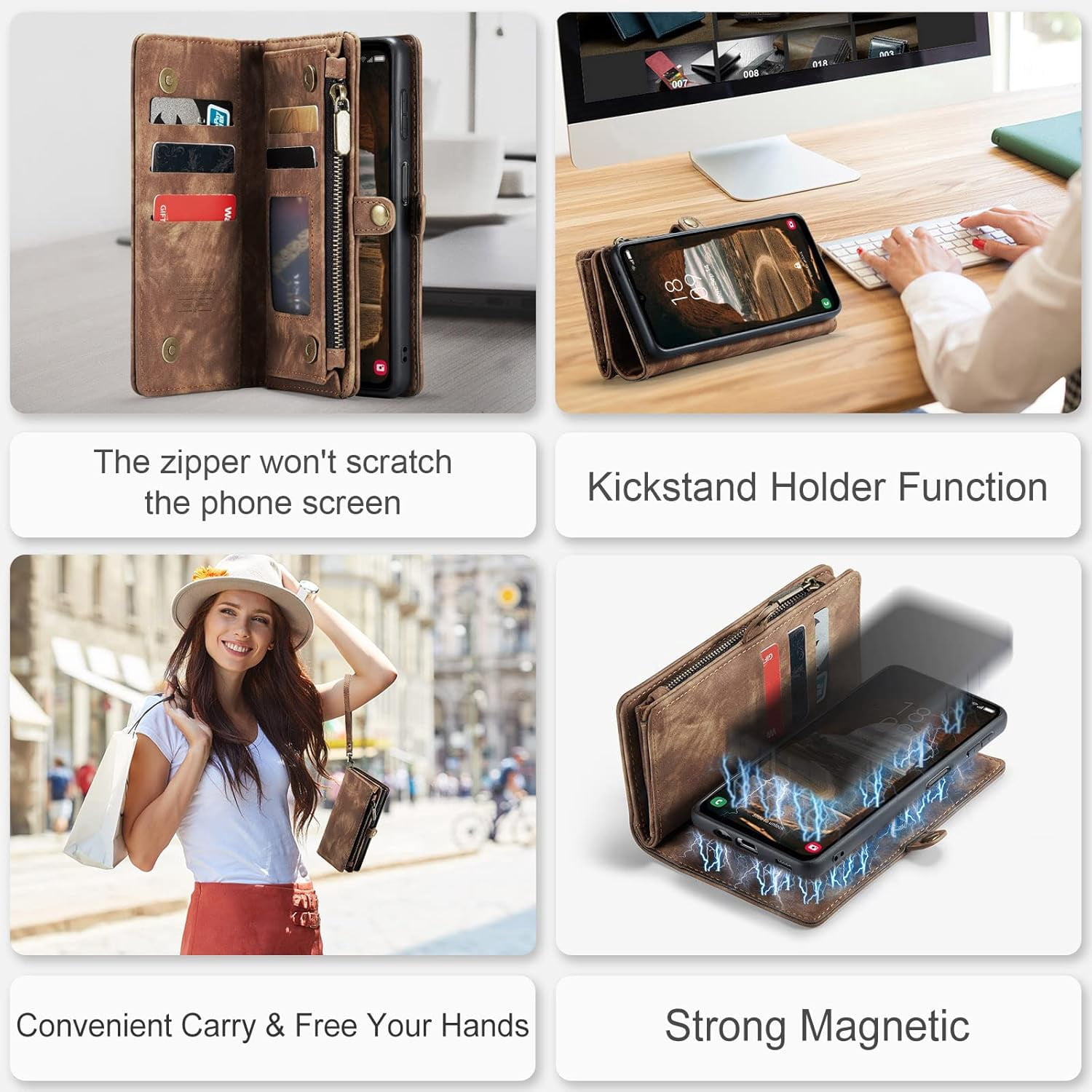 Phone Case for Samsung Galaxy A14 5G Zipper Wallet Detachable Cover with Tempered Glass Screen Protector and Leather Flip Credit Card Holder TPU Cell Accessories A 14 4G 14A G5 Women Men Brown