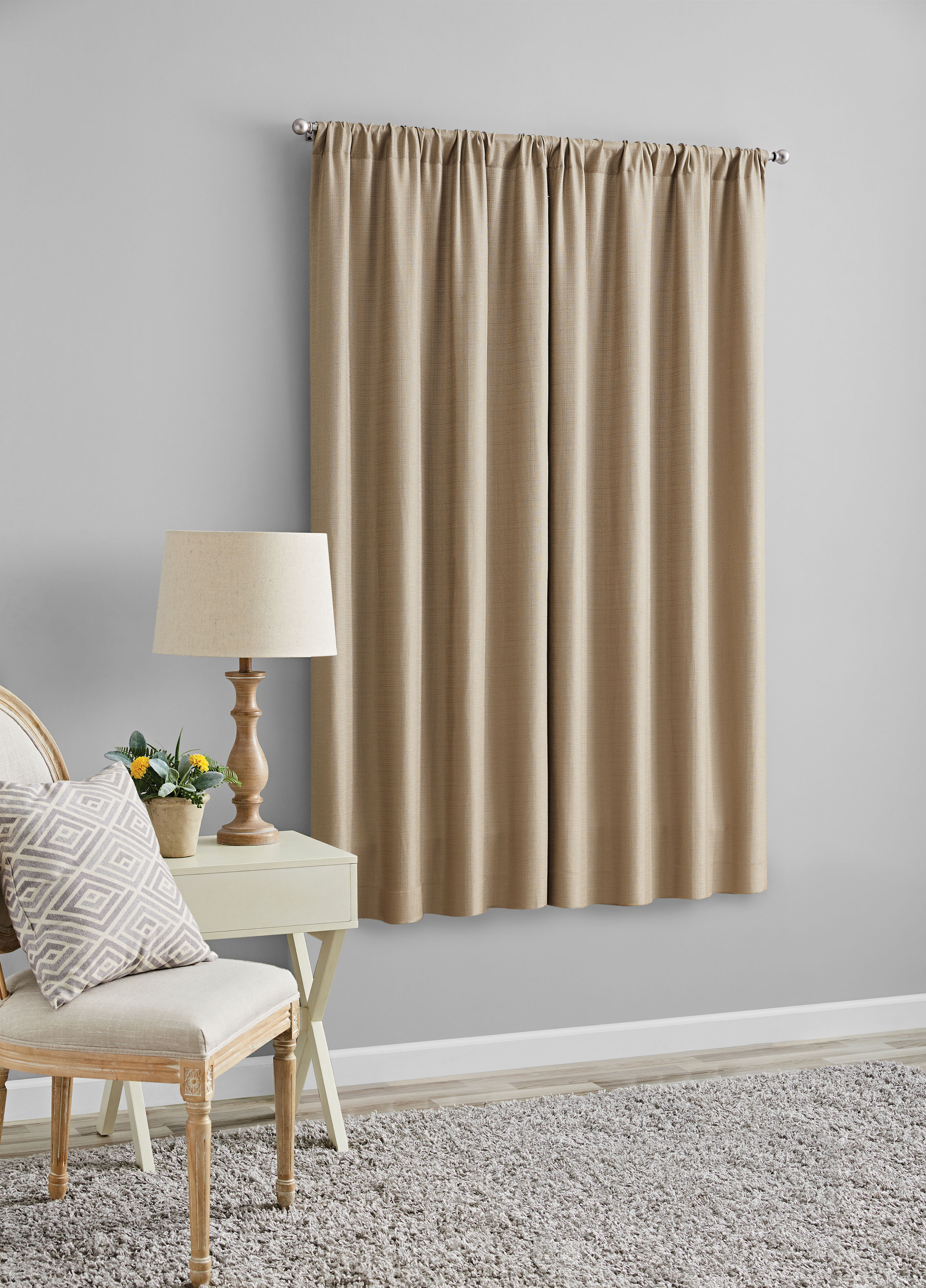 Mainstays Southport Beige Solid Color Light Filtering Rod Pocket Curtain Panel Pair, 40" x 63" - image 2 of 9