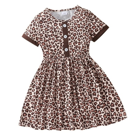 

CLZOUD Swing Dress for Girls Brown Polyester Toddler Girls Short Sleeve Midi Dresses Kids Pleated Casual Crew Neck Leopard Print Floral Dinosaur Button Summer Dress 130