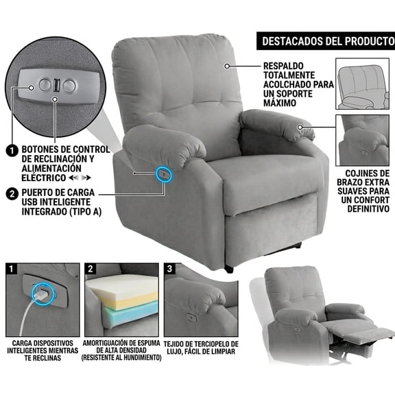 Reclinable  sret-274 Boho eléctrico, Atlas del Descanso color Gris