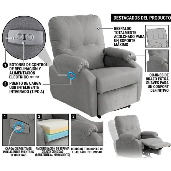Reclinable sret-274 Boho eléctrico, Atlas del Descanso color Gris