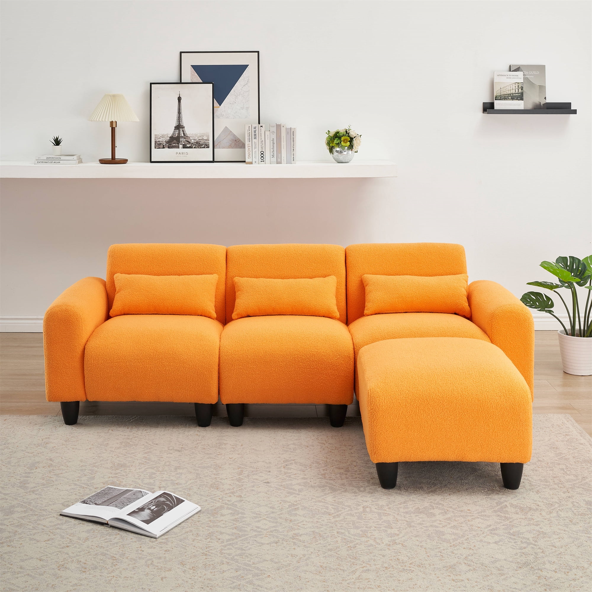 Aukfa Modular Sectional Sofa, Deep Seat Couch Set for Living Room, 3 Pillows, Orange Teddy Fleece