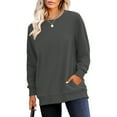 thumbnail image 6 of Women's Casual Fashion Solid Color Round Neck Long Sleeve Lightweight Pullover Sweatshirt with Side Pockets for Warm Comfort and Everyday Wear,Gray,L, 6 of 7