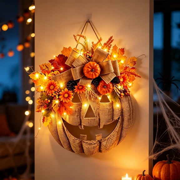 Lighted Pumpkin Wreath, LED Fall Door Decor for Front Porch, Farmhouse Autumn Wreath with Pumpkins Leaves Flowers Pinecones Berries for Halloween Thanksgiving Home Indoor Outdoor Decoration