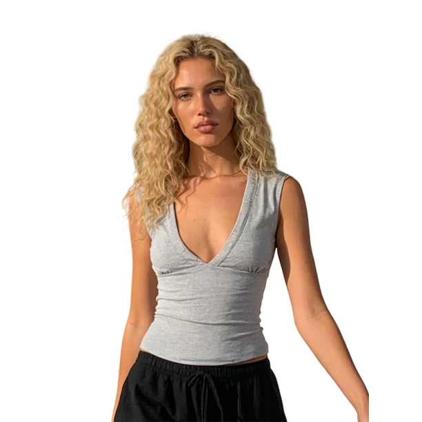 Camisetas sin mangas de verano para mujer, con estampado de lunares a la moda o color liso, corte ajustado, escote en V profundo, ideales para salir.