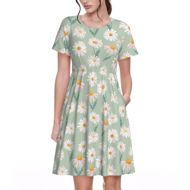 Bixox Robe d'Été à Manches Courtes pour Femmes Robe Ample Longueur Genou avec Poches-Daisies Fleurs
