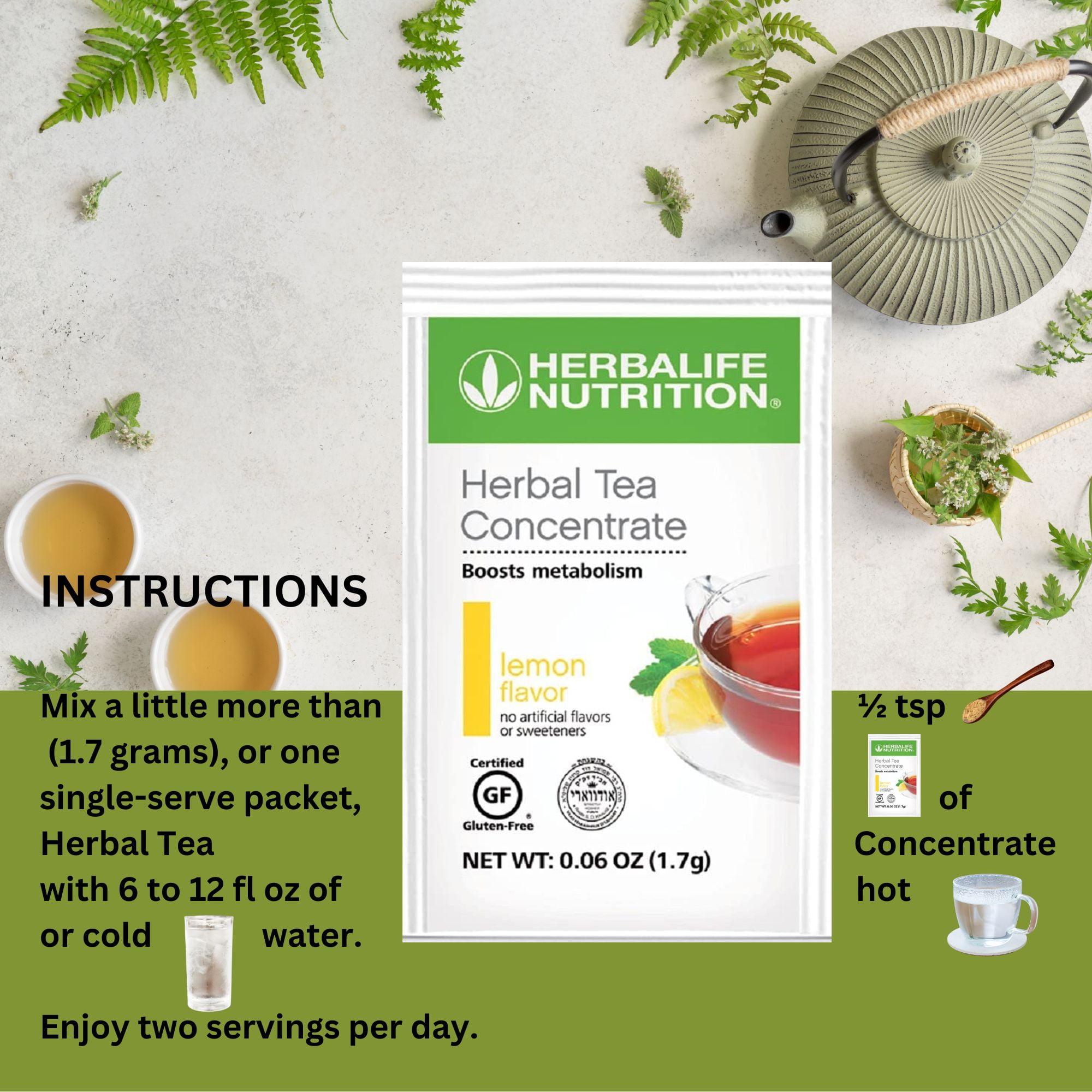 Herba life. Herbal Tea Concentrate All Flavors 25 Packets, Lemon Flavor (5 Packets), Sweet Ginger (5 Packets), Raspberry (5 Packets), Chai (5 Packets), Peach (5 Packets)