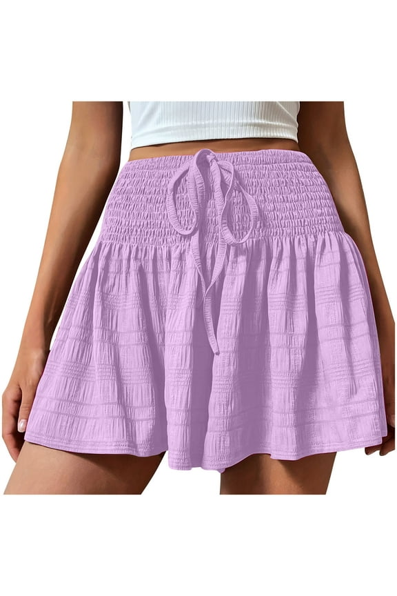 Wide Leg Shorts for Women Elastic Waist Smock Drawstring Solid Color Summer Casual Loose Shorts