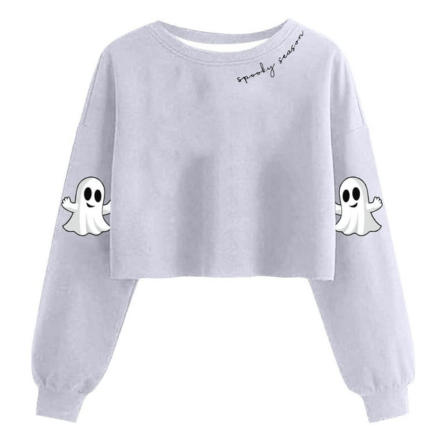 Lcziwo Chandail d'Halloween pour Femmes, Mignon Fantôme Graphique, Hauts Courts, Manches Longues Lanterne, Col Ras du Cou, Chandail de Saison Effrayante, Mode d'Automne, Chandail Gris, G