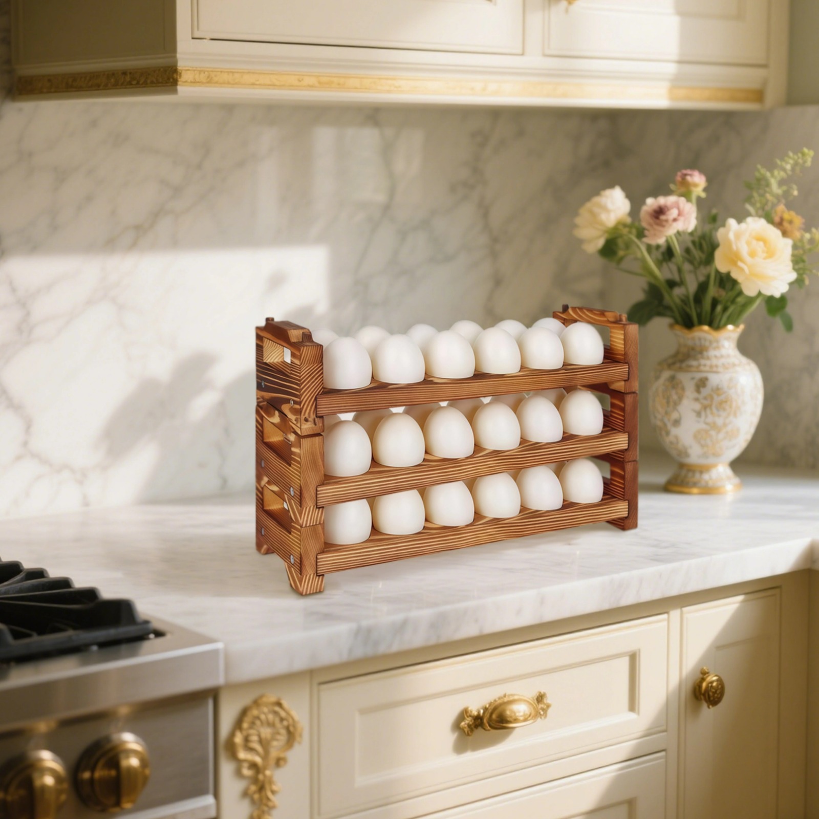 3 Pcs of Egg Rack for Fresh Eggs, Stackable Wooden Egg Holder for Countertop, Quail & Pigeon Eggs Display, Rustic Design, Stable & Long-Lasting, Space-Saving Kitchen Storage