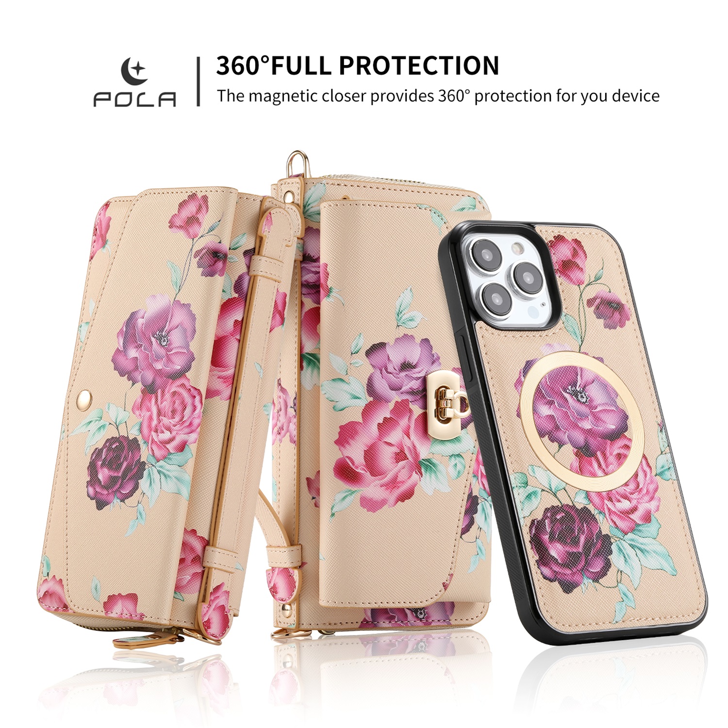 SaniMore Magnetic Detachable Wallet Case for iPhone 13 Pro Max, Flower Pattern RFID Blocking Cover Support Wireless Charging Card Slot Shoulder & Wrist Strap 360° Full Protective Shell, Yellow