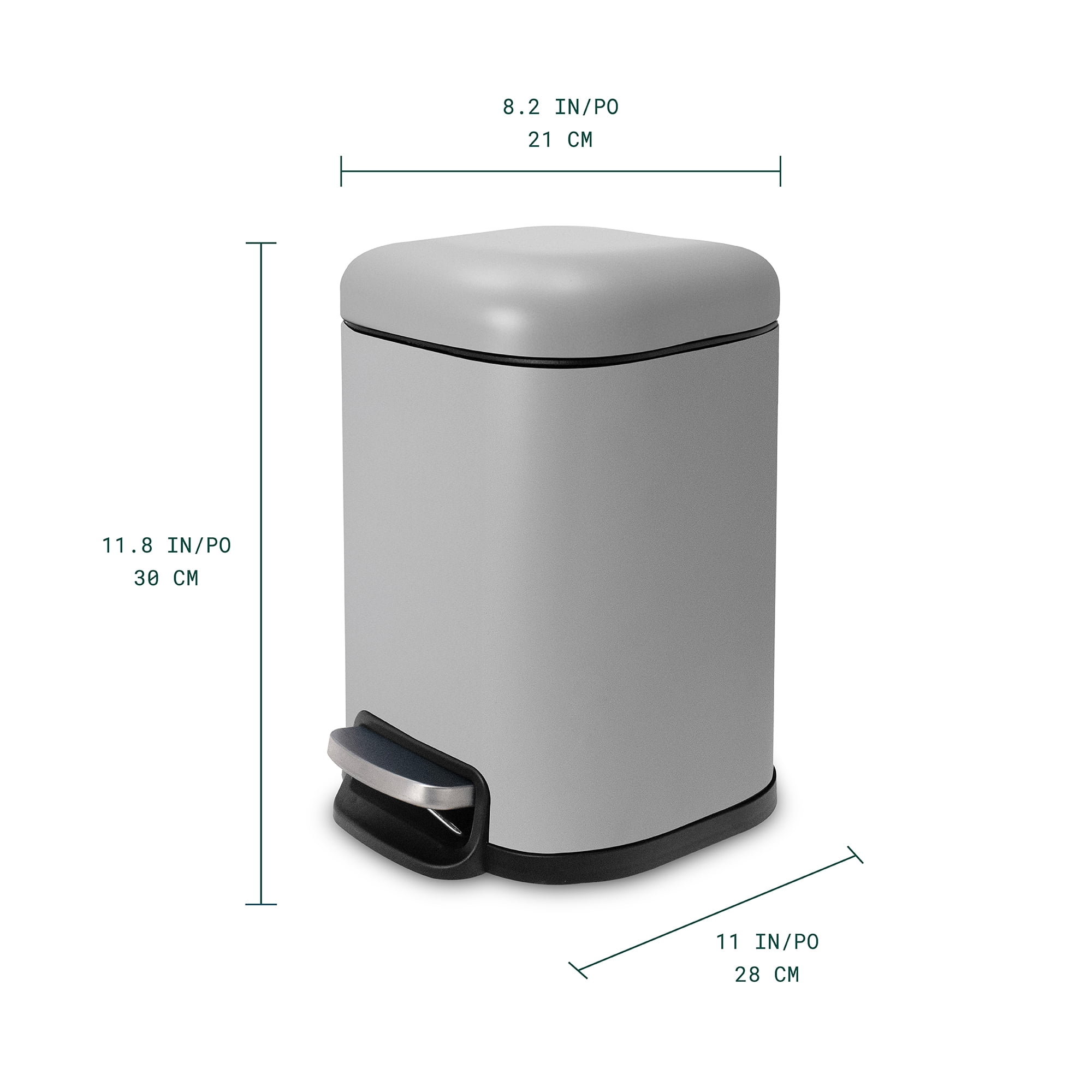 Acento Cubo Square Step Trash Can, 1.6 Gallon Compact Bathroom Waste Bin with Soft Close and Stay Open Lid, Removable Inner Bucket, Matte Gray
