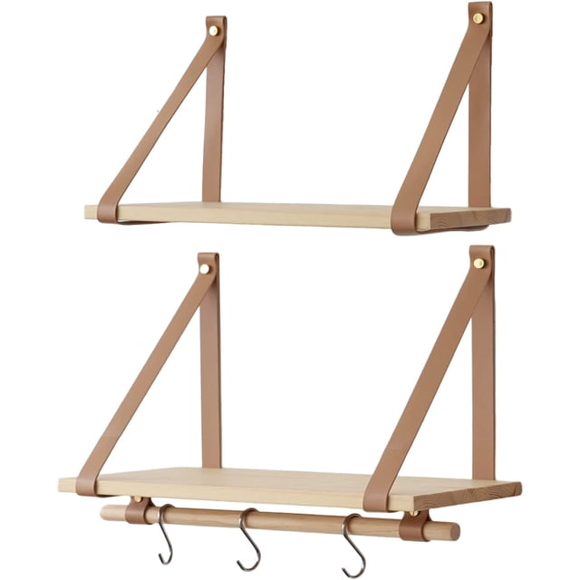 Estantes flotantes de madera para pared, estantes de almacenamiento multifuncionales con correa de cuero sintético, organizador de almacenamiento para cocina, sala de estar, dormitorio, estudio,