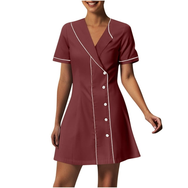 VEKDONE Women's Solid Color With Pockets Button Splicing Lapel Caregiver Sundress Nurse Sundress Work Midi Sundress Wine L