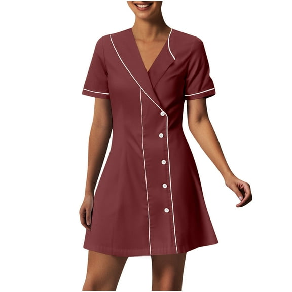 Summer Beach Dresses for Womens 2025 Plus Size Fashion Solid Color With Pockets Button Splicing Lapel Caregiver Dress Nurse Dress Work Midi Dress