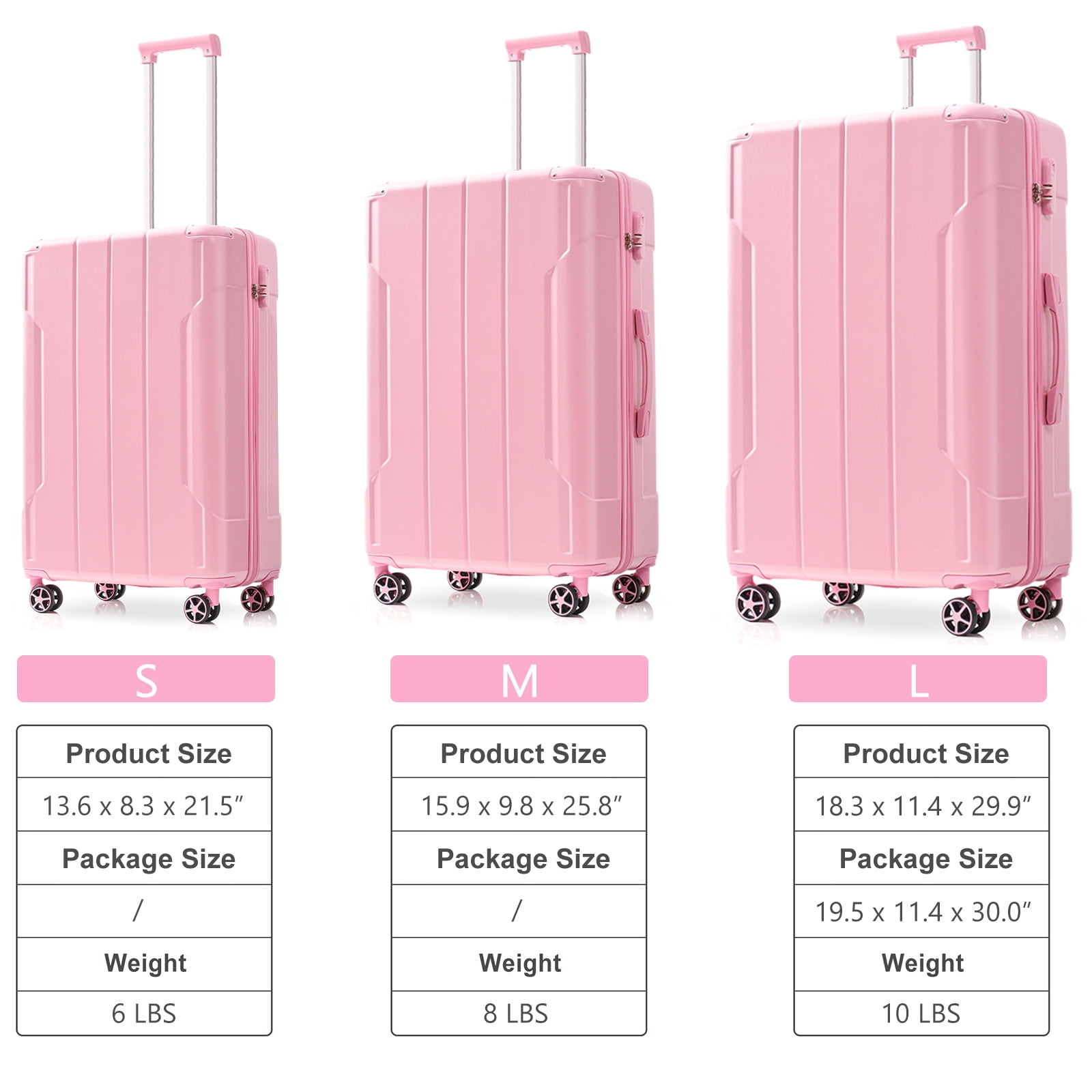 EUROCO 3 Piece Luggage Set, ABS Hardshell Lightweight Durable Suitcase with Double Spinner Wheels for Travel(20"/24"/28"),Pink