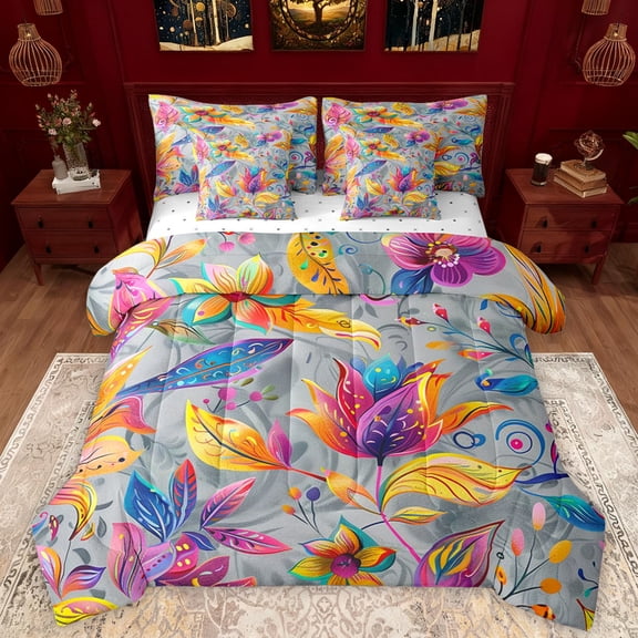 Manfei Country Floral 7-Piece Twin Bedding Sets,Rustic Botanical Bedding Comforter Set,Colorful bohemian Flowers Sheet Sets For Kids,Breathable Home Decor Reversible