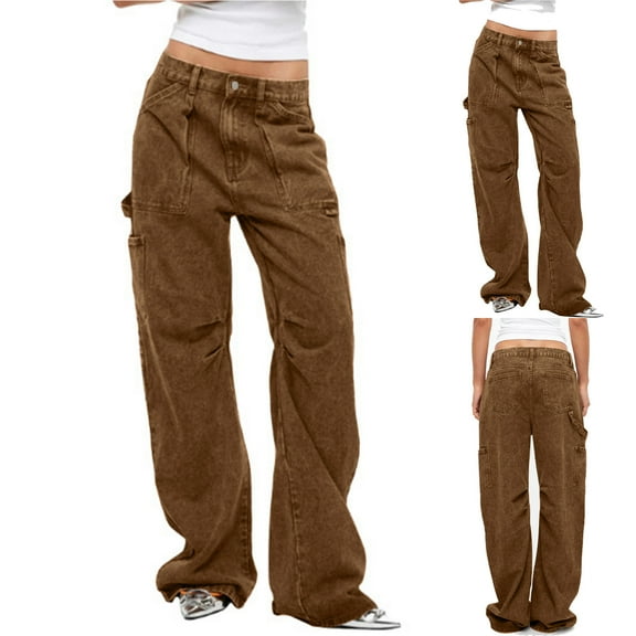 Ndbuld Women's Casual Cargo Jogger Pants Jeans for Women Low Waist Wide Leg Denim Jeans Casual Cargo Pants Pockets Trousers Streetwear,L,Brown