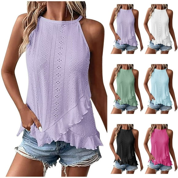 breaise Tank Tops for Women Fashion Eyelet Embroidery Sleeveless Shirts Summer Hollow Out Lace Crochet Camisoles Ruffle Blouse White,M