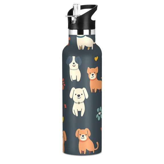 Kids Insulated Stainless Steel Sports Water Bottle 600ml (20oz), BPA-Free White Dog Pattern