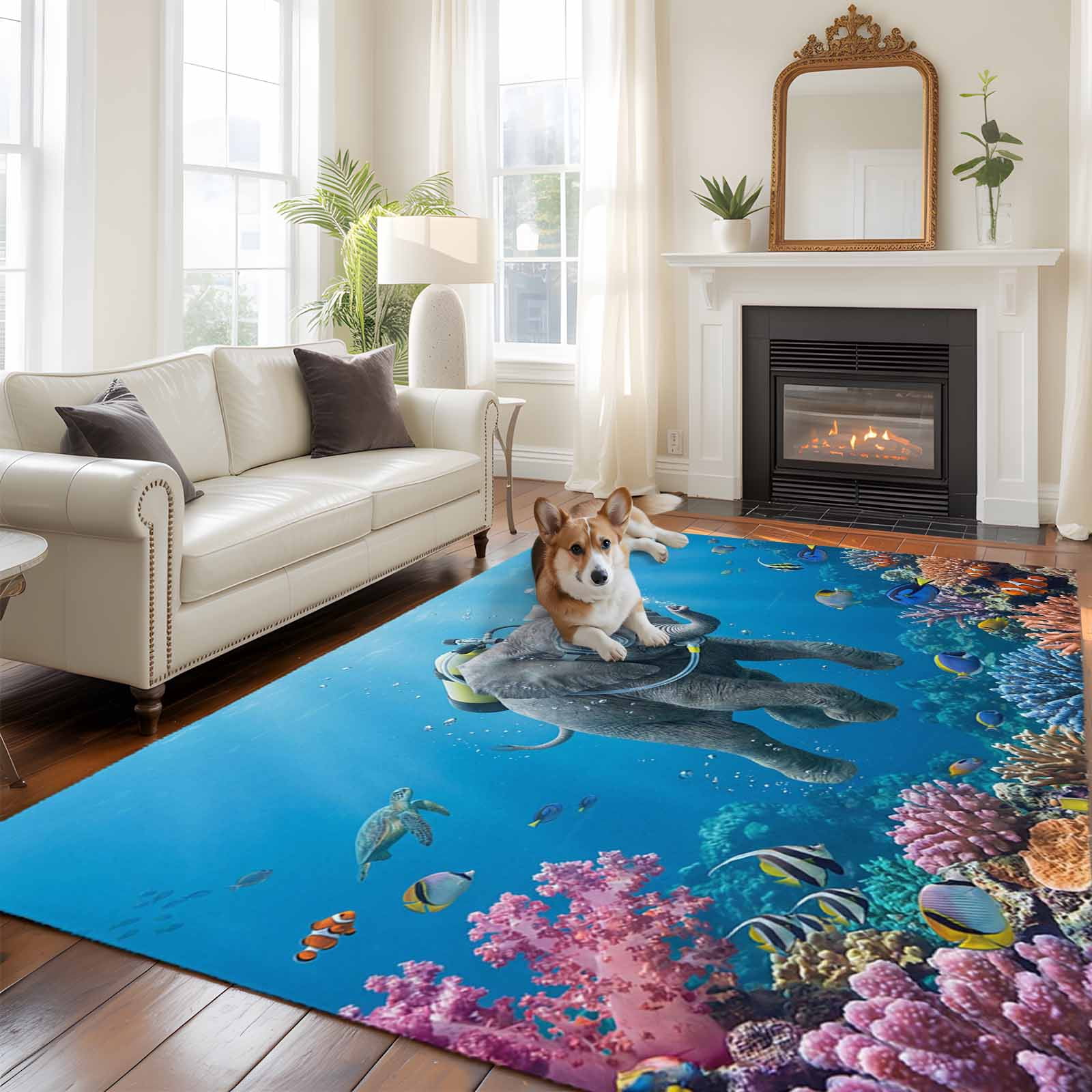 6x9 Area Rugs for Living Room, Ocean Diving Elephant Non Slip Area Rugs for Kitchen Bedroom Entryway, Blue Coastal Coral Fish Marine Life Washable Carpet Runner Rug Floor Mats for Bedroom Home Decor