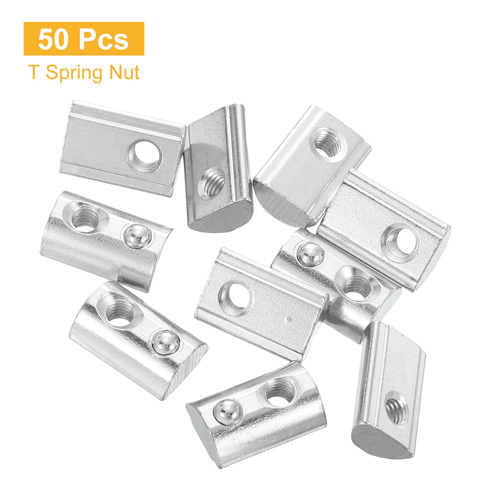 Uxcell M6 T Spring Nut, 50 Pack 4545 Series Half Round Roll in Spring Nut, Carbon Steel Nickel Plated Roll Ball Elastic Nut with Slot 10mm for 4545 Series Aluminum Extrusion Profile