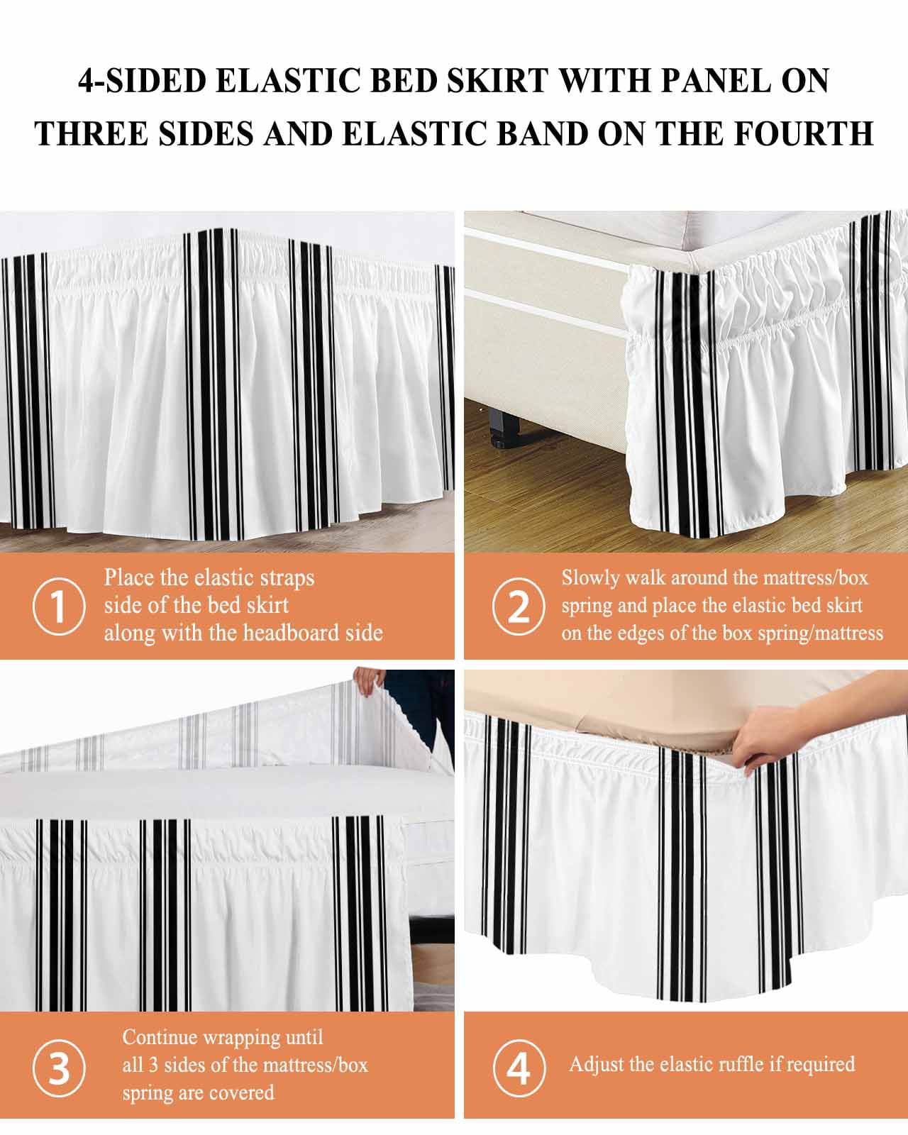 Black White Stripe, Wrap Around Bed Skirts for California King Bed 18" Drop, Bed Skirt with Adjustable Elastic Belt Dust Ruffle Bed Valance for Bedroom Hotel Luxury Abstract Geometric Bed Frame Cover