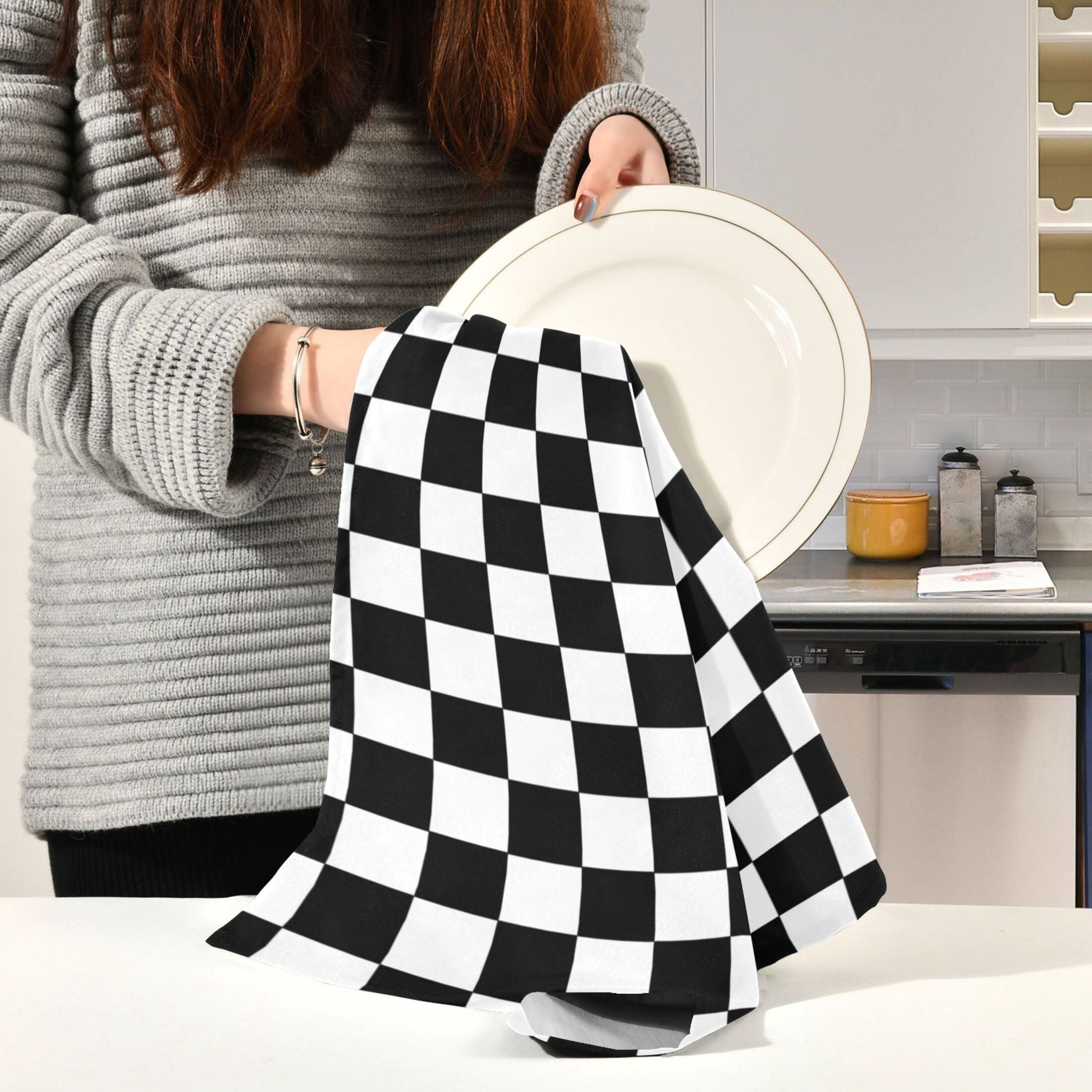 Multi-Purpose Kitchen Towels 28x18 Inch Dishcloths with Hanging Loop Decorative and Practical Towels for Kitchen, Dining Black and White Check