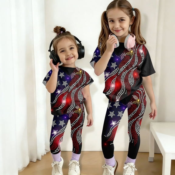 CCRFTGI America 250 Summer Outfits for Children Girls Size 8 Patriotic 2 Piece Outfits American Flag Stars Short Sleeve T Shirt and Elastic Waist Pants Freedom Clothing Sets Multicolor 3-4 Years