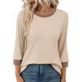 thumbnail image 4 of UVEASISHA Color Block T-shirts for Women 3/4 Length Sleeve Crewneck Tops Loose Fit Mid-length Pullover Blouse Tops de moda para mujer Khaki S, 4 of 8