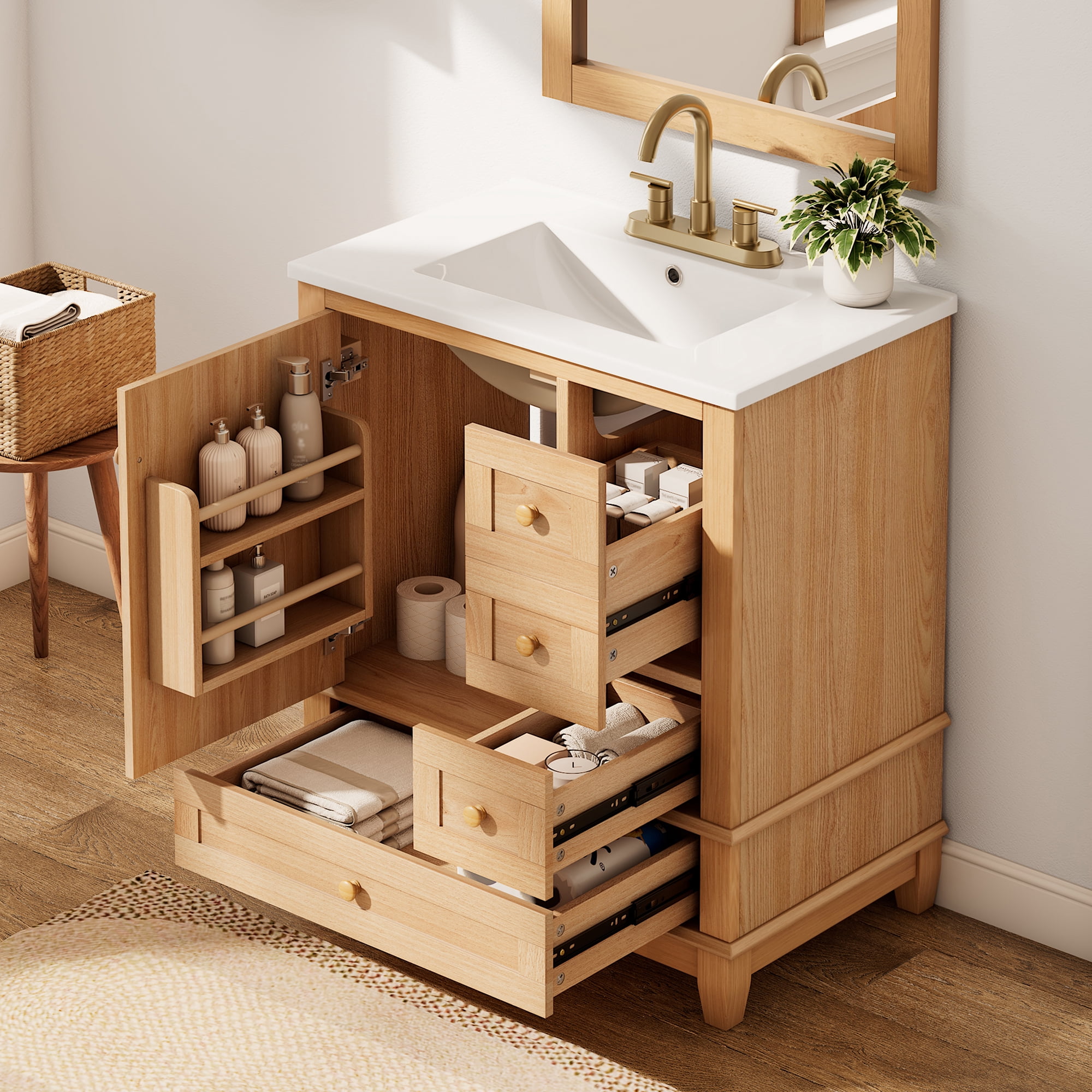DRNANLIT 30" Bathroom Vanity with Ceramic Sink, Freestanding Natural Wood Grain Cabinet, Solid Rubberwood Legs