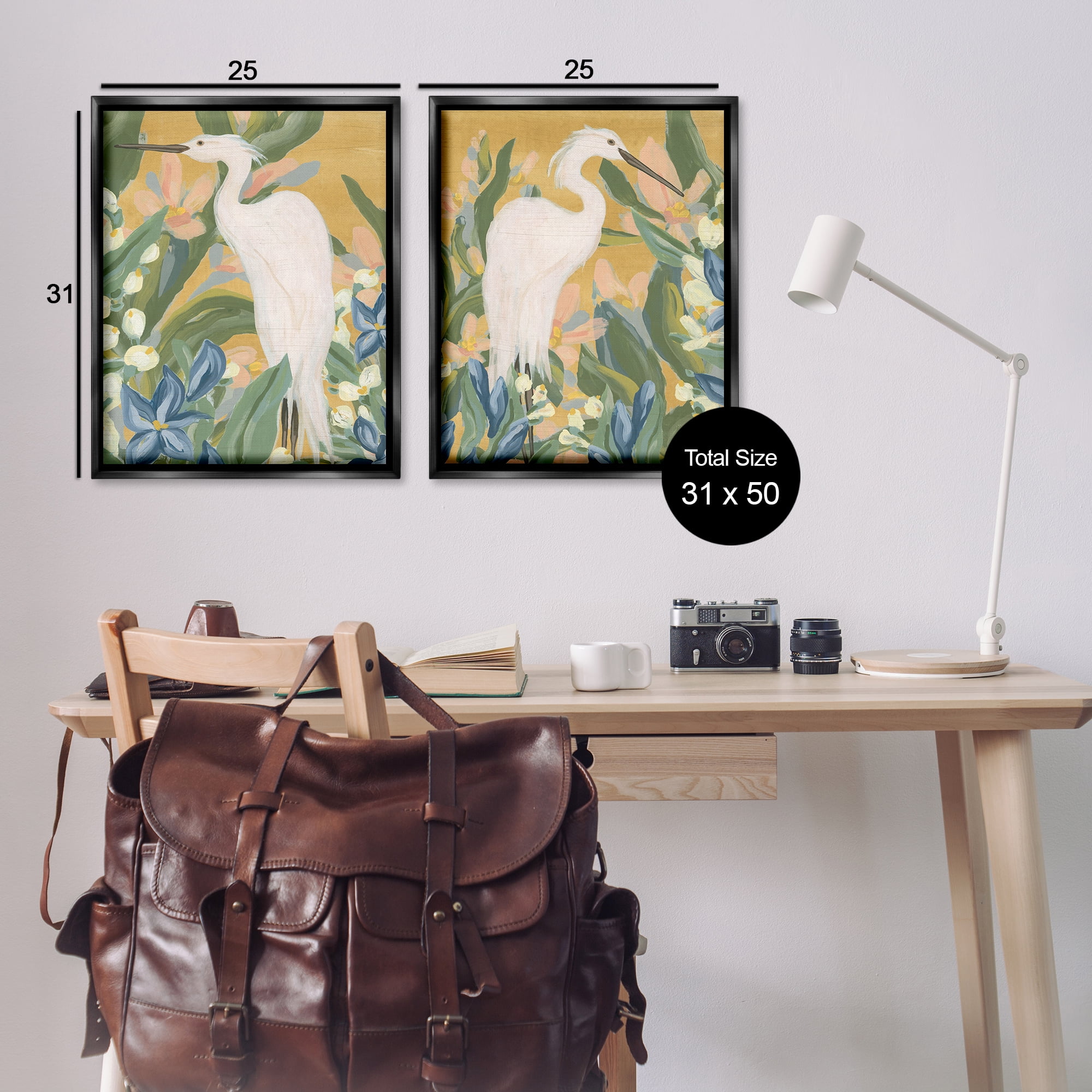 Stupell Industries Great Egret in Blooming Bushes Animals Painting Black Floater Framed Canvas Art Print Wall Art, 31 x 25, Set of 2