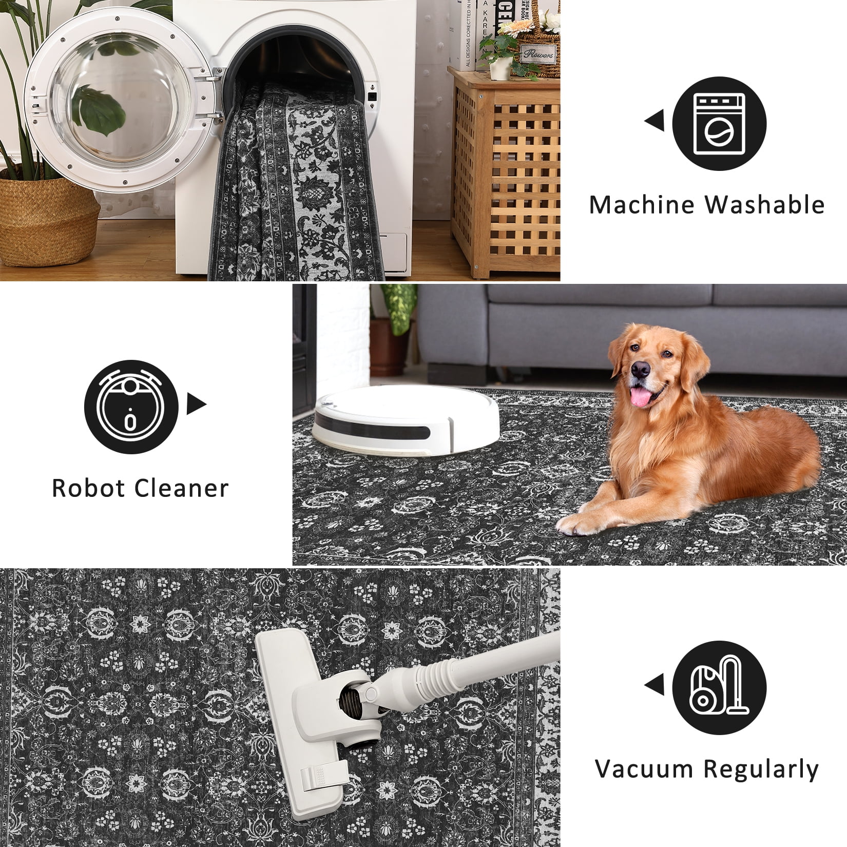 2x6 Runner Rug Vintage Floral Machine Washable Rugs, Non-Slip Vintage Boho Ultra-Thin Throw Carpet for Hallway Entryway Black