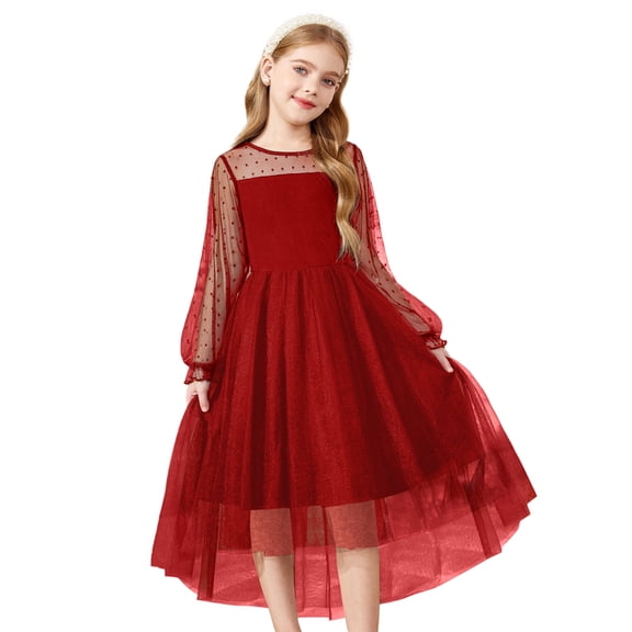 Oudiya Girls Dresses Contrast Mesh Long Sleeve Twirly High Low Birthday Party Formal Dress