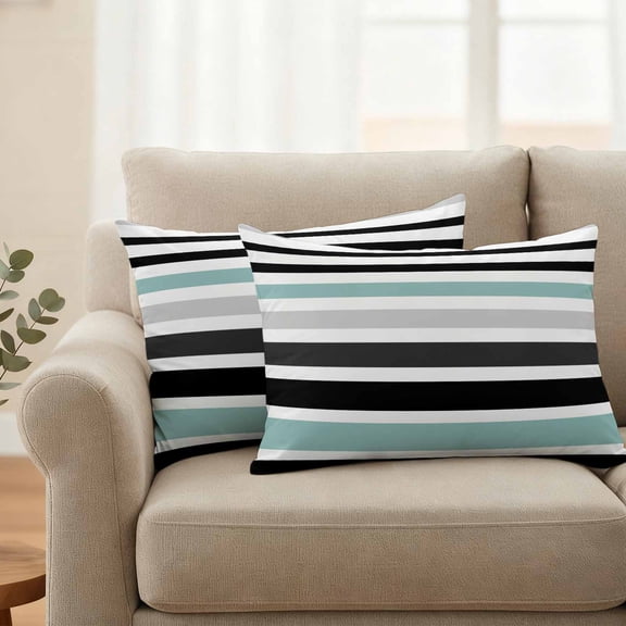 Pack of 2 Outdoor Pillow Covers,Waterproof Turquoise Black Stripe Throw Pillow Covers,Modern Abstract Coarse Striped Decorative Pillowcases Cushion Covers for Couch Pillow Sham Protector 20x12 Inch