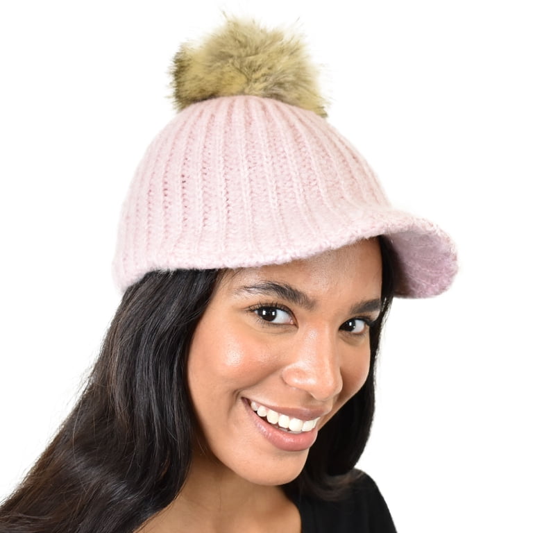 C.C Winter Warm Knit Jockey Style Faux Fur Pom Visor Beanie  display picture 1