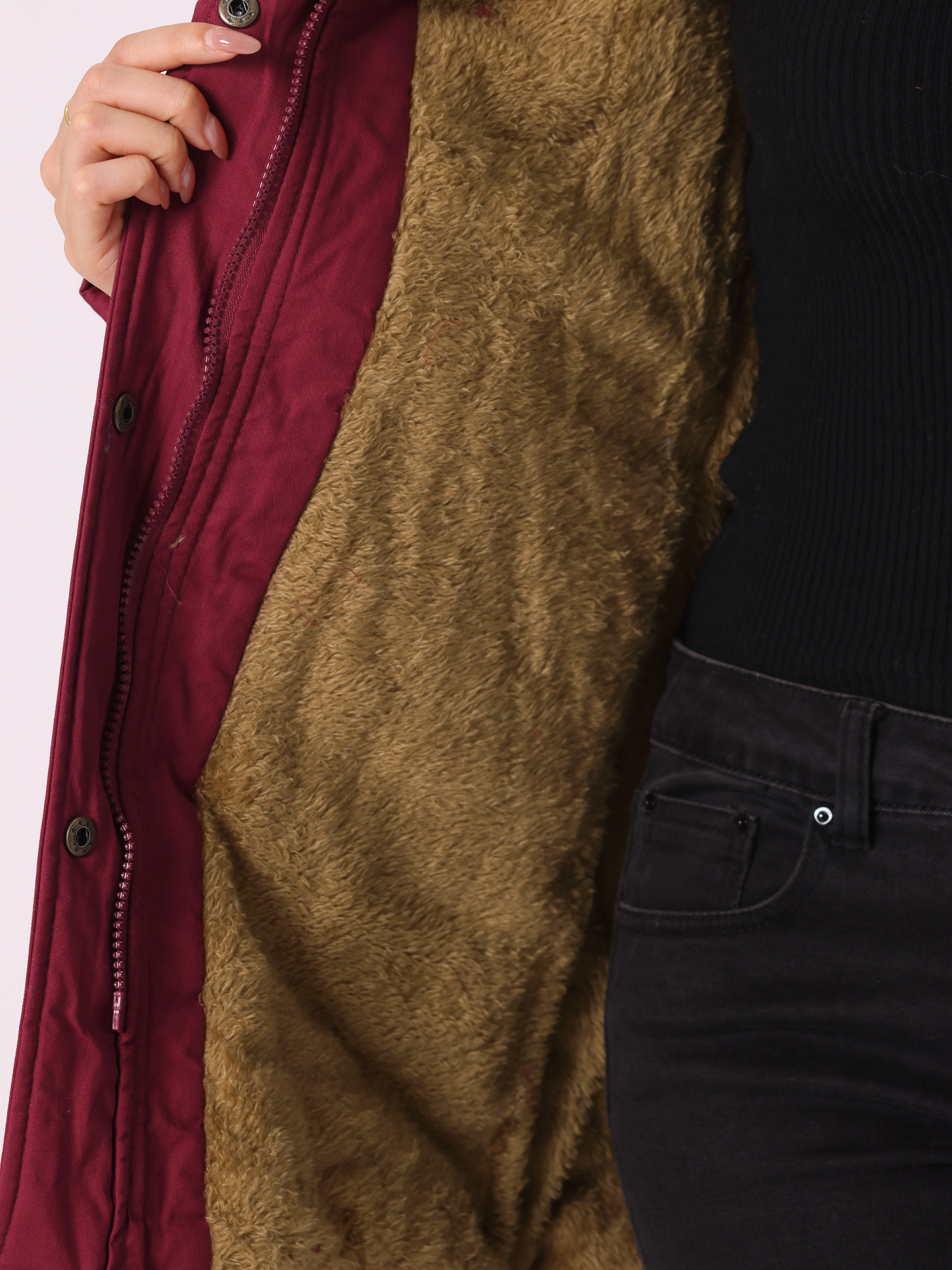 Unique Bargains Women Windproof Winter Parka Puffer Coat with Faux Fur Hood M Dark Red