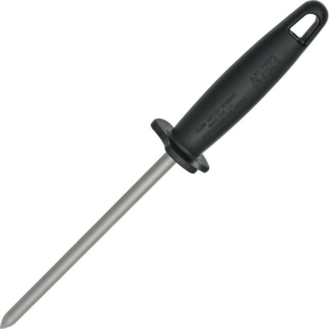 EZE-LAP Diamond Coated Butcher sharpener Steel (13") EZLG with a 7 1/2-inch diamond-coated steel rod and a black molded hi-impact plastic handle. Designed for sharpening knives, scissors, and other tools, perfect for kitchenware, camping, or professional use.