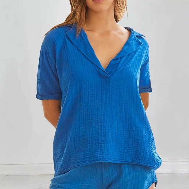 Styesk Hauts pour Femmes Nouveau T-shirt Décontracté à Manches Courtes en Coton et Lin Couleur Unie Col Régulier
